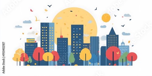 Colorful Illustration of a Cityscape with Buildings, Trees, and Birds