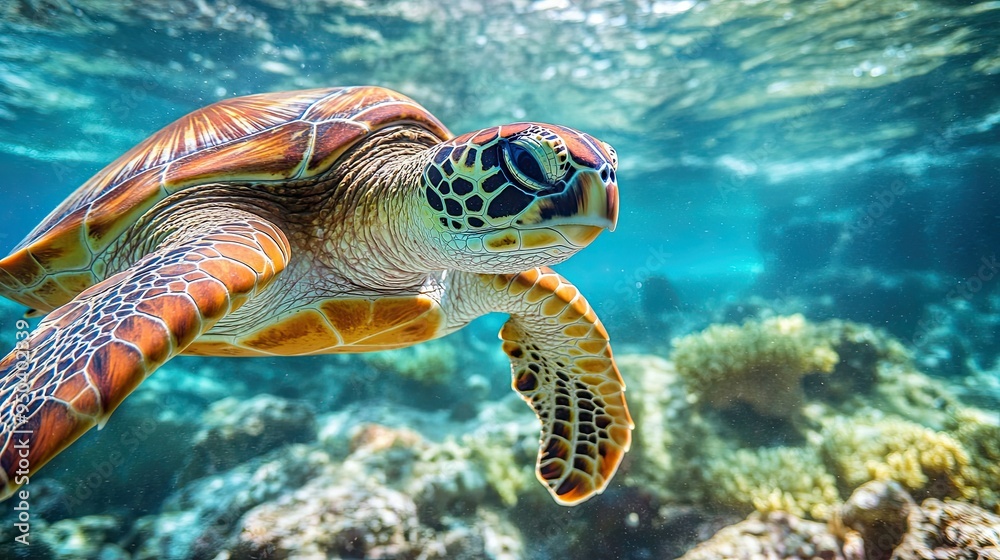 Obraz premium Close-up of a turtle swimming through a coral reef, emphasizing the need to protect marine biodiversity