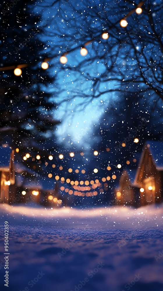 Snowy winter night with festive string lights illuminating a tranquil village scene, creating a cozy and magical holiday atmosphere. Snowy winter night with festive string lights illuminating a tranquil village scene, creating a cozy and magical holiday atmosphere.