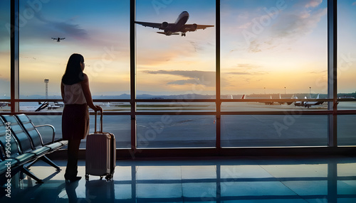 A woman passenger waits at the airport, her silhouette framed against the window as she watches an aircraft take off..