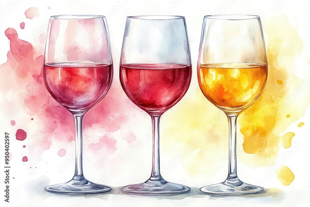 whimsical watercolor illustration of three wine glasses loose brush strokes in red pink and yellow on crisp white background whimsical watercolor illustration of three wine glasses loose brush strokes in red pink and yellow on crisp white background