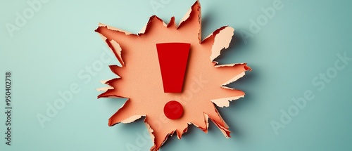Red exclamation mark on torn paper background symbolizing alert, warning, or important information. 3D with shadow.