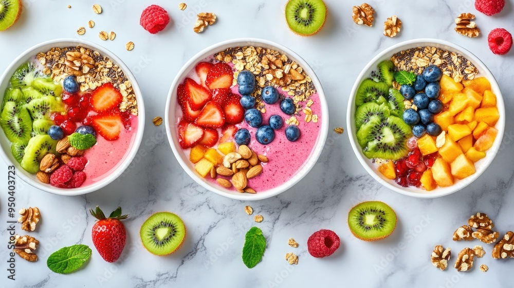 Colorful smoothie bowls topped with fresh fruits, nuts, and seeds on a marble background, top view Colorful smoothie bowls topped with fresh fruits, nuts, and seeds on a marble background, top view