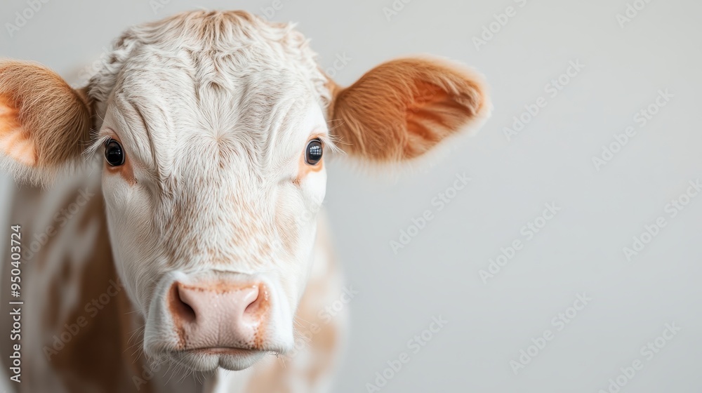 This image highlights the close-up of a cream and brown cow, presenting a detailed view of its face and ears against a plain, light background, creating a serene farm scene. This image highlights the close-up of a cream and brown cow, presenting a detailed view of its face and ears against a plain, light background, creating a serene farm scene.