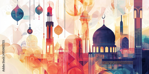 Ramadan-Vektorkunst: Stilisierte islamische Motive in harmonischer Komposition. Halbmond, Laterne und Ornamente vereint. Elegantes Design für festliche Gestaltung