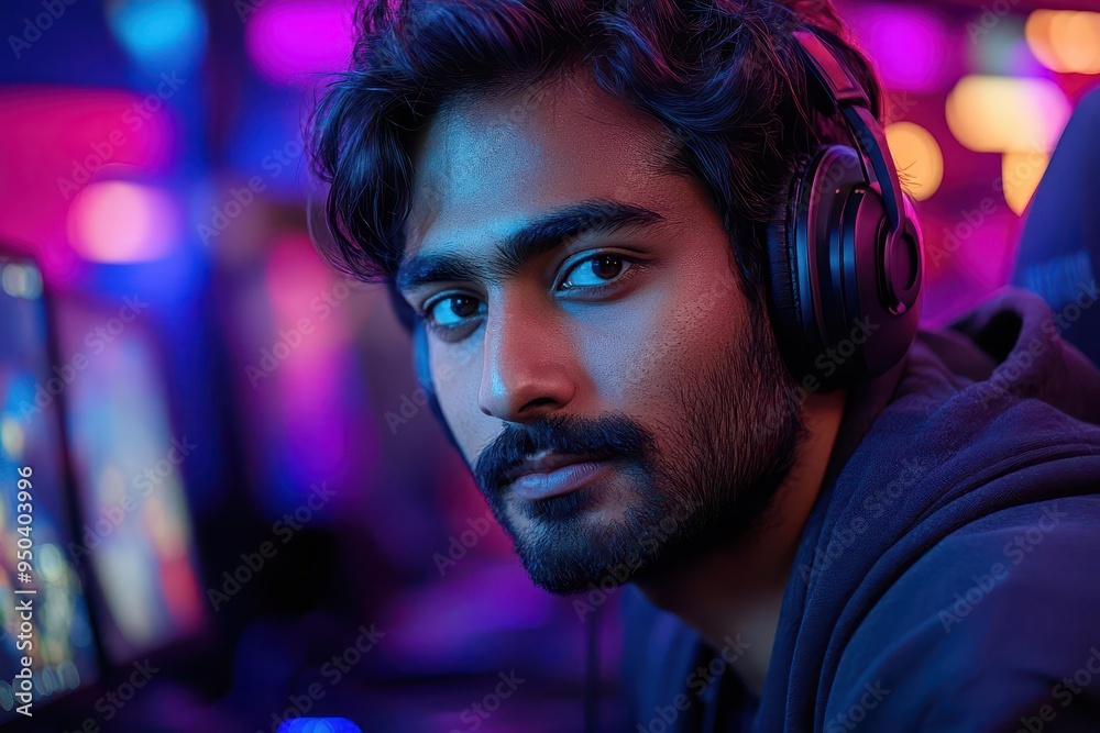 young indian man immersed in computer game wearing headphones focused expression illuminated by screen glow modern gaming setup in background