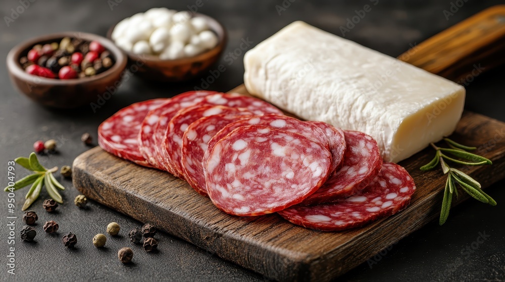 A culinary masterpiece featuring a beautifully arranged platter of salami slices, a cheese block, and a variety of spices like peppercorns, perfect for gourmet dining experiences. A culinary masterpiece featuring a beautifully arranged platter of salami slices, a cheese block, and a variety of spices like peppercorns, perfect for gourmet dining experiences.