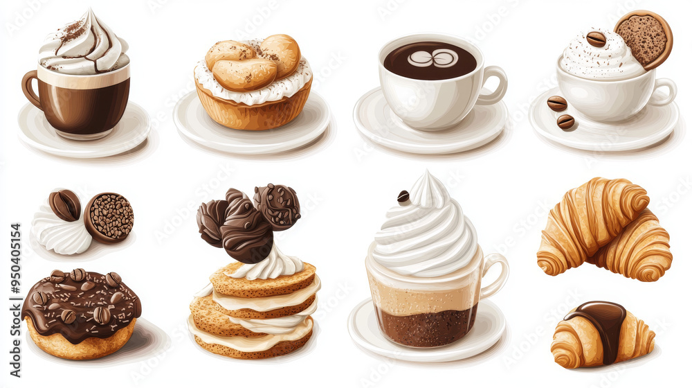 Cappuccino, takeaway tea cups, 3D coffee, croissants, and cookies. Creamy chocolate desserts, sweet cakes, and bakery treats in a concise vector set. Cappuccino, takeaway tea cups, 3D coffee, croissants, and cookies. Creamy chocolate desserts, sweet cakes, and bakery treats in a concise vector set.