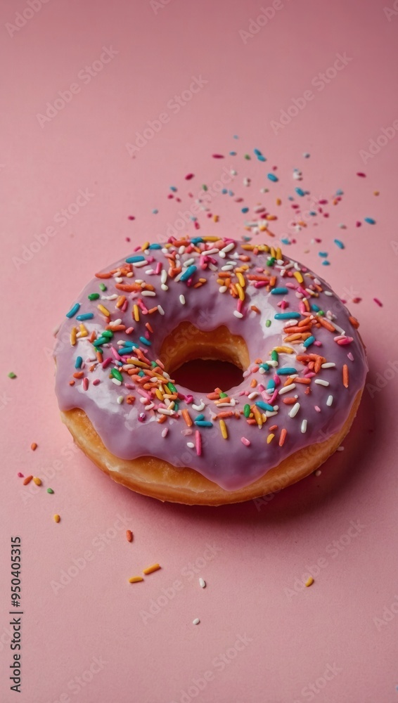 A donut with sprinkles on top of a pink background A donut with sprinkles on top of a pink background