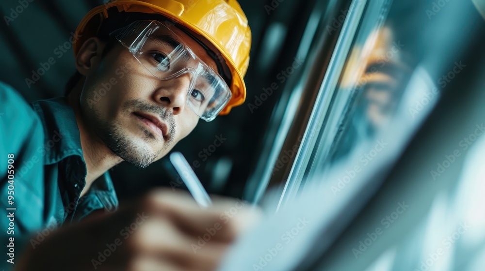 A construction worker in a bright yellow hard hat is seen writing on a sheet near a window, highlighting the diligence and dedication involved in construction planning. A construction worker in a bright yellow hard hat is seen writing on a sheet near a window, highlighting the diligence and dedication involved in construction planning.