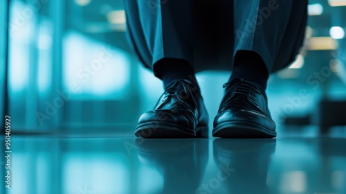 A close-up shot of elegant black formal shoes worn by a person, resting on a reflective floor in a modern environment, evoking professional vibes and sophistication.