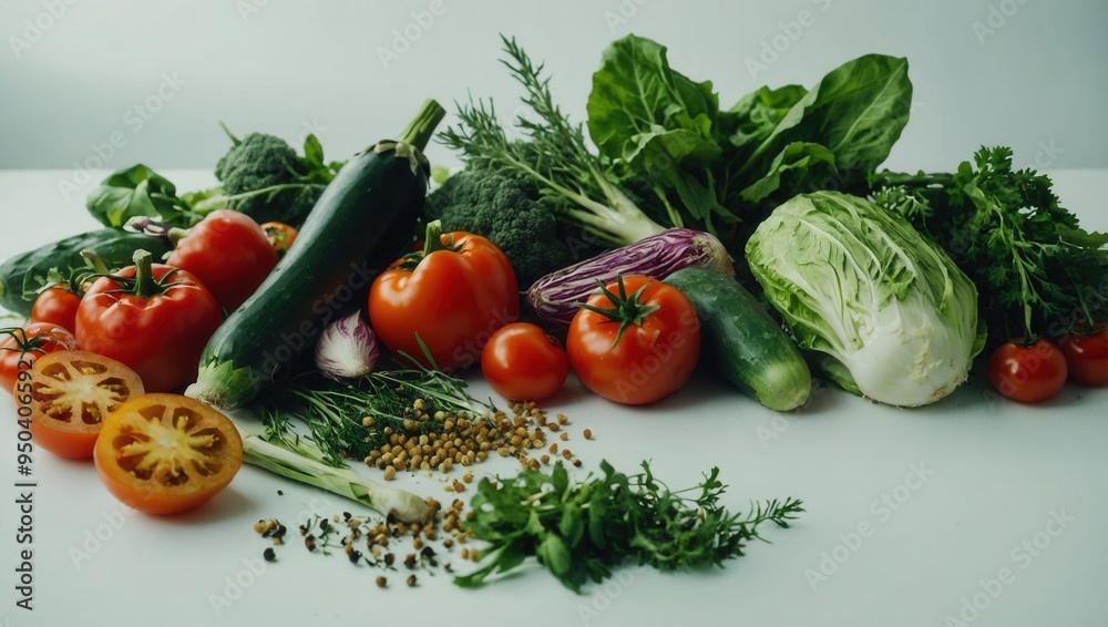 A variety of vegetables and herbs are spread out on a white table A variety of vegetables and herbs are spread out on a white table