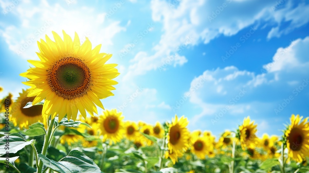 Expansive sunflower field in full bloom under a bright blue sky with a few scattered clouds Expansive sunflower field in full bloom under a bright blue sky with a few scattered clouds