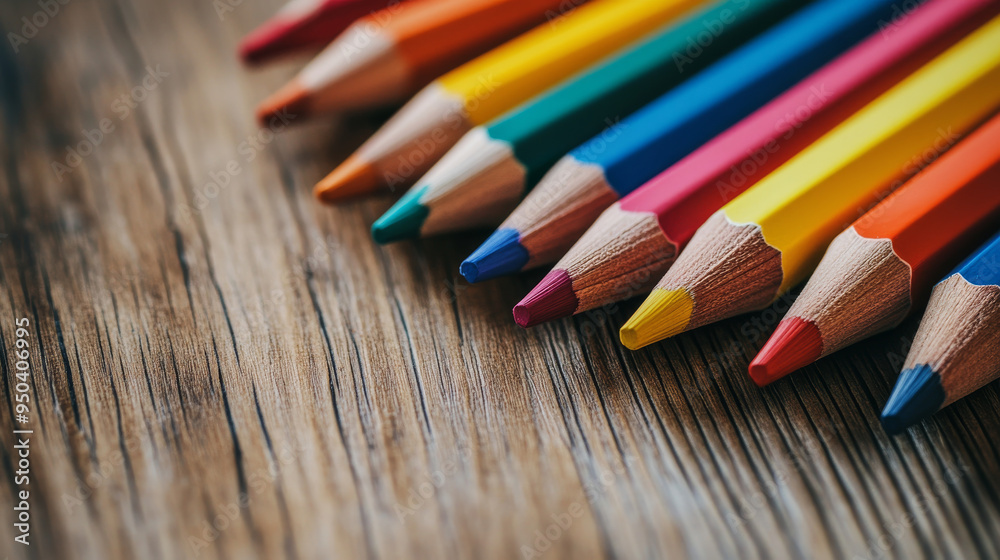 Fototapeta premium Close-up of colored pencils on a wooden background.
