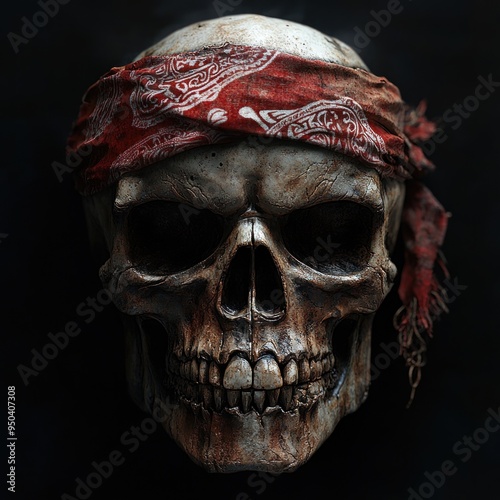 A Human Skull Wearing a Red Bandana photo