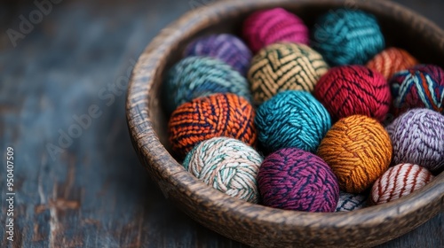 An assortment of vibrant yarn balls, featuring various textures and colors, displayed neatly in a rustic wooden bowl on a wooden surface, ready for crafting or knitting projects.