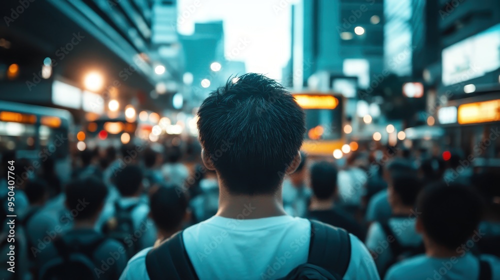 A man with a backpack looking ahead in a bustling city street filled with people, against a backdrop of lit-up buildings and signs. The scene captures the essence of urban life.