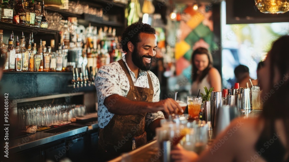 Bartender Serving Cocktails in a Vibrant Bar