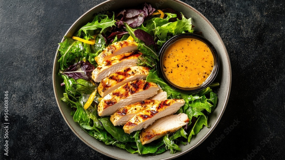 Fresh salad with mixed greens, grilled chicken, and a lemon vinaigrette dressing, top view Fresh salad with mixed greens, grilled chicken, and a lemon vinaigrette dressing, top view
