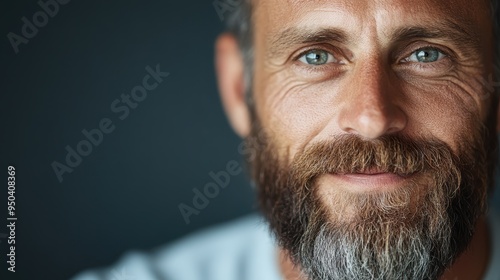 A detailed close-up of a man with striking blue eyes and a full beard, capturing his gentle smile and showcasing the texture of his skin and facial hair.