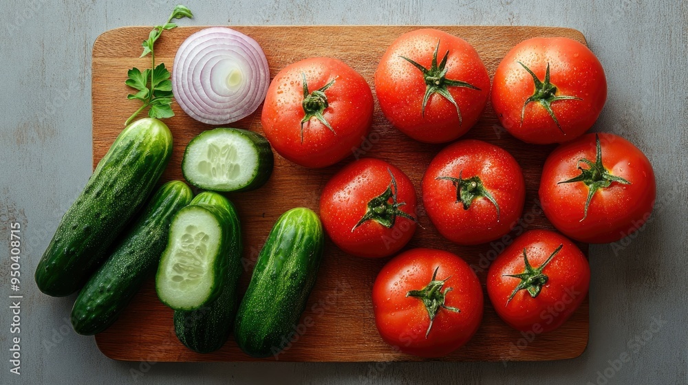 Fresh tomatoes, cucumbers, and onions arranged on a wooden cutting board, top view Fresh tomatoes, cucumbers, and onions arranged on a wooden cutting board, top view