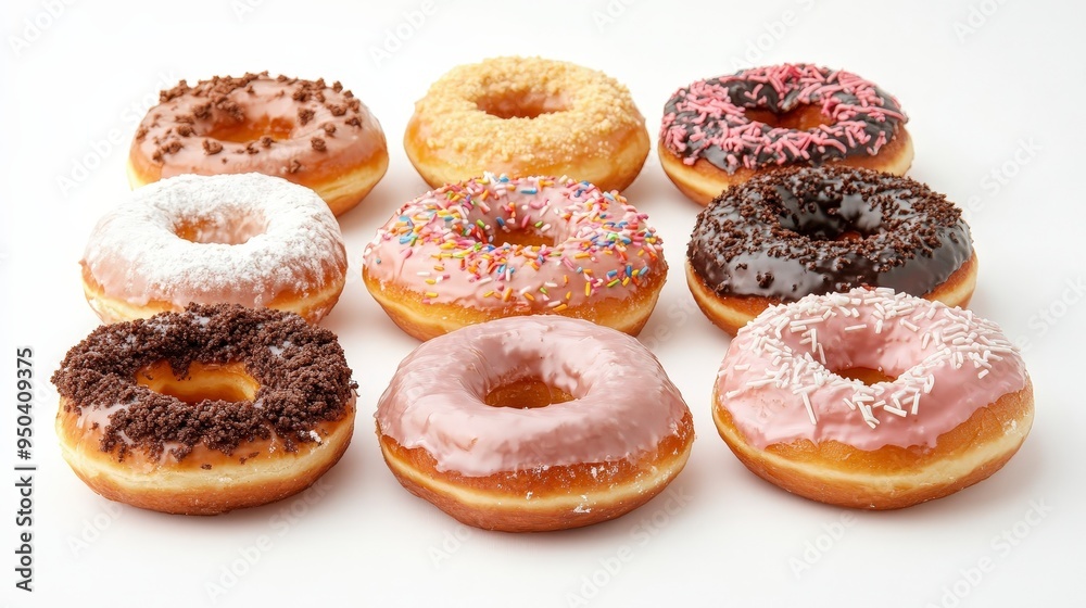 dough donuts with various glazes and toppings, set against a simple color backdrop dough donuts with various glazes and toppings, set against a simple color backdrop