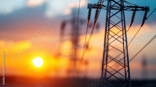 Fototapeta Naklejka Na Ścianę i Meble -  This image captures high-voltage power lines standing tall against a backdrop of a dramatic sunset sky, highlighting the contrast between industrial structures and natural beauty.