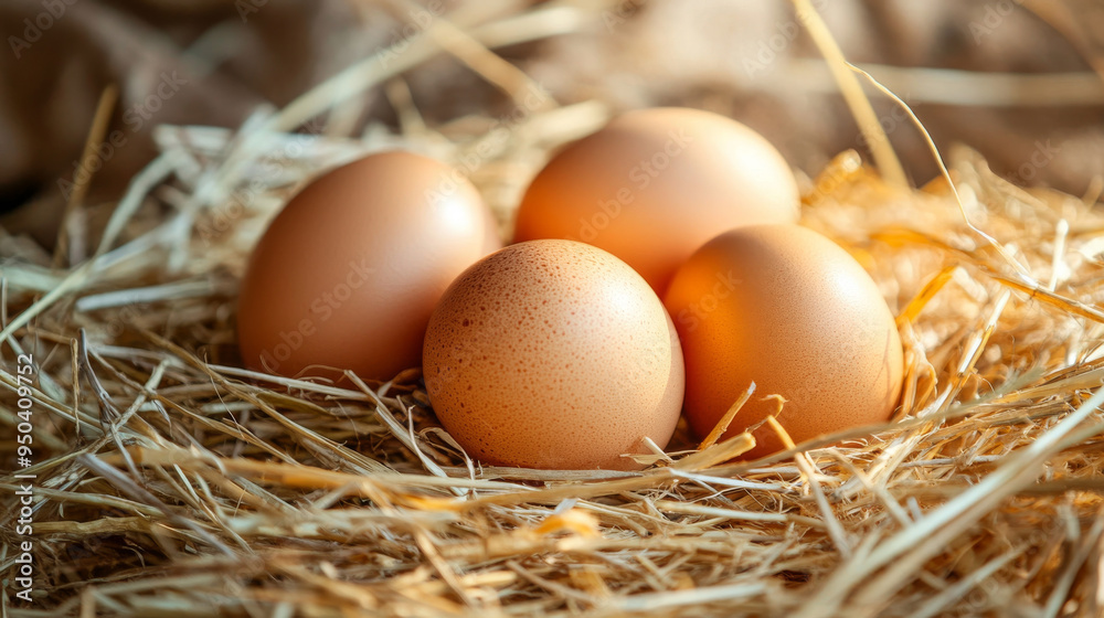 Fresh organic brown eggs in a straw nest, close-up. Fresh organic brown eggs in a straw nest, close-up.