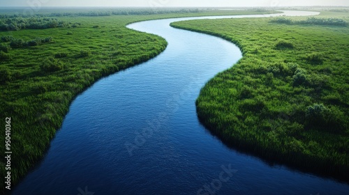 Aerial View of a Winding River Through Lush Green Grass