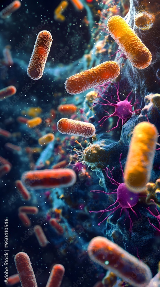 Fototapeta premium Microbial Life Forms: Microscopic view of microbial life forms interacting, with DNA-like structures visible in the background. 