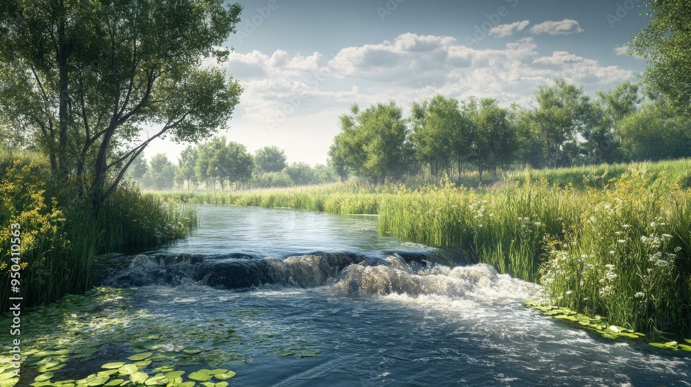 Serene River Landscape with Lush Greenery and Sunlight Serene River Landscape with Lush Greenery and Sunlight