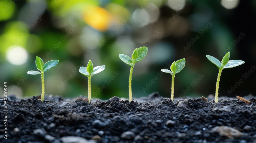 Close-up of Green Seedlings Emerging from Soil