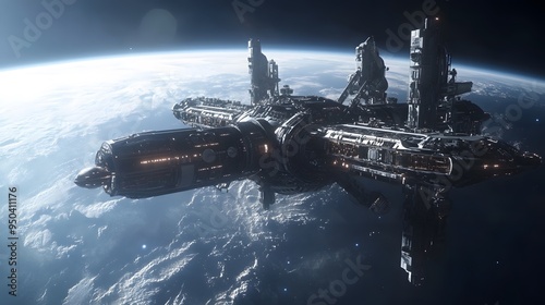 Fototapeta Naklejka Na Ścianę i Meble -  Futuristic space station with sleek spacecraft docking in orbit around distant planet metallic finishes cool tones highly detailed 3D rendering