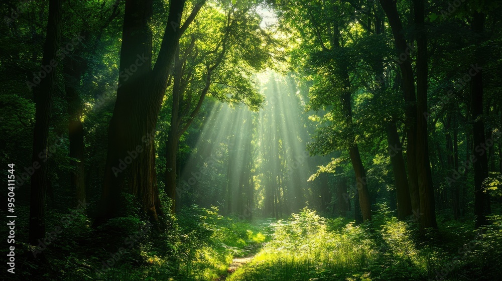 Obraz premium Lush green forest with sunlight filtering through the trees, showcasing the beauty of nature and environmental conservation