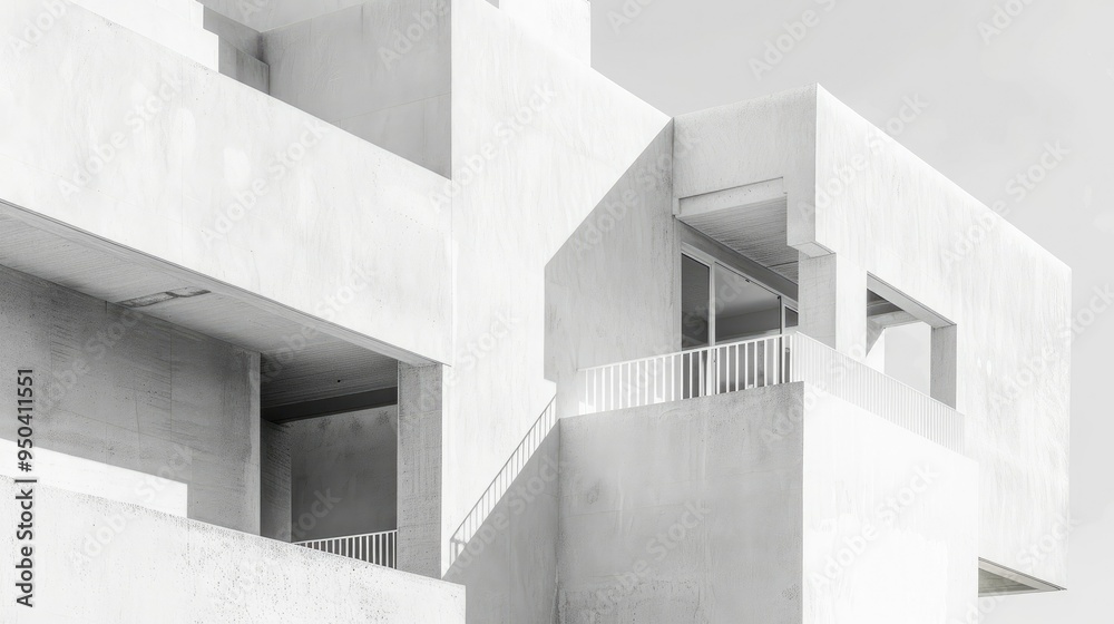 Minimalist white concrete building with geometric cutouts and shadows Minimalist white concrete building with geometric cutouts and shadows