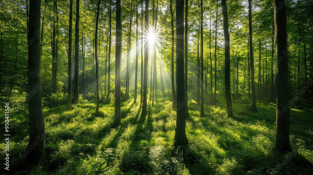 Naklejka premium Lush green forest with sunlight filtering through the trees, showcasing the beauty of nature and environmental conservation