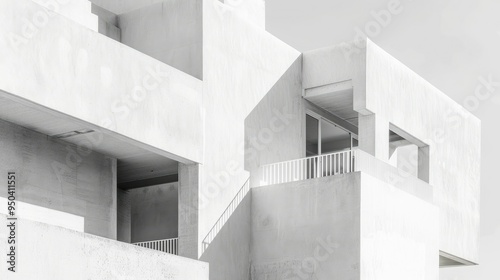 Minimalist white concrete building with geometric cutouts and shadows