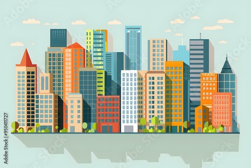 Cityscape with Colorful Buildings Flat Design Illustration