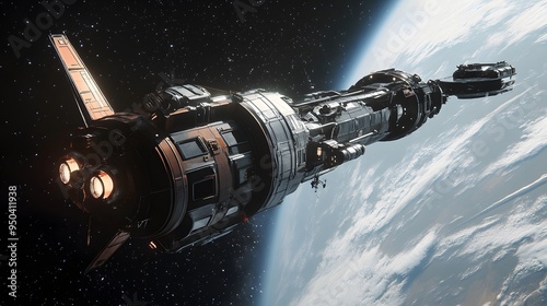 Fototapeta Naklejka Na Ścianę i Meble -  Distant planet with space station sleek spacecraft docking nearby cool tones metallic finishes highly detailed 3D rendering