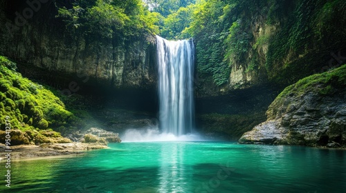 Majestic waterfall cascading down a rocky cliff into a crystal-clear pool surrounded by greenery