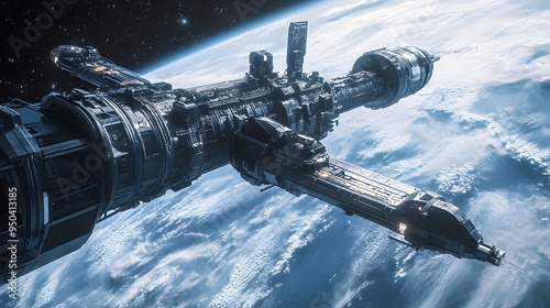 Fototapeta Naklejka Na Ścianę i Meble -  Futuristic space station orbiting a distant planet sleek spacecraft docking nearby metallic finishes cool tones highly detailed 3D rendering