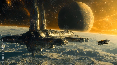 Fototapeta Naklejka Na Ścianę i Meble -  Futuristic space station orbiting a distant planet sleek spacecraft docking nearby metallic finishes cool tones highly detailed 3D rendering