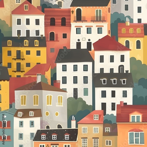 Colorful Illustration of European City Buildings