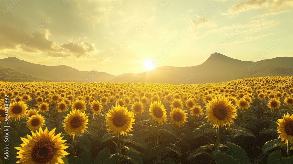 Fototapeta premium Peaceful scene of a field of sunflowers under a bright summer sky, with mountains in the distance