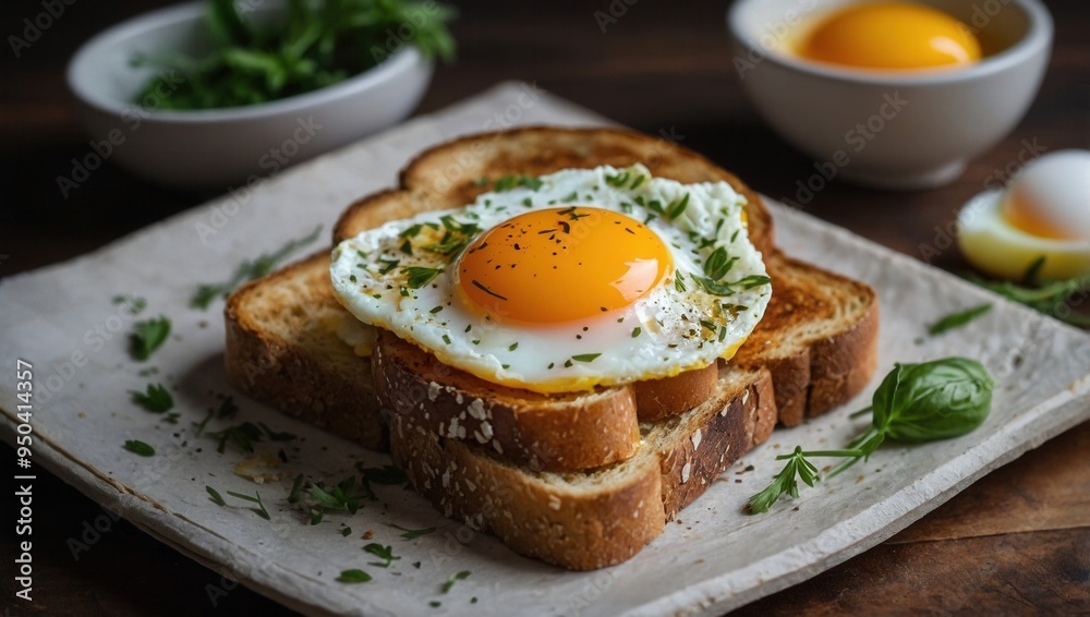 A breakfast sandwich with an egg on top A breakfast sandwich with an egg on top