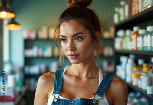 young European type girl in denim overalls in a drugstore