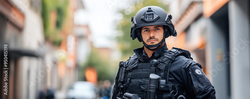 Close-up of a serious police officer in full tactical gear standing in an urban environment, representing law enforcement.