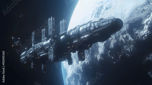 Fototapeta Naklejka Na Ścianę i Meble -  Futuristic space station orbiting distant planet sleek spacecraft nearby cool tones metallic finishes highly detailed 3D rendering