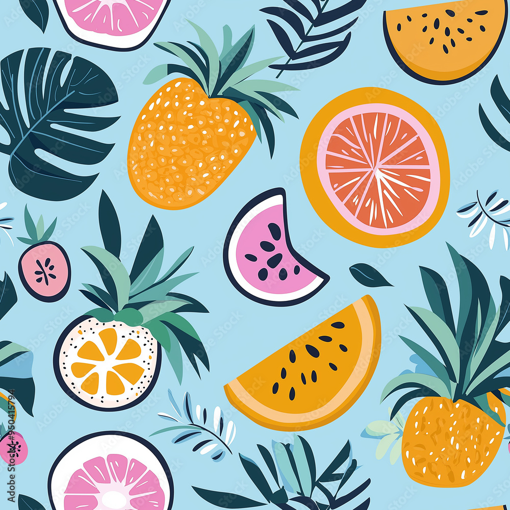 Pop Art style summer seamless background with fruits Pop Art style summer seamless background with fruits