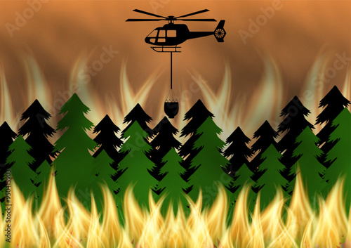 Firefighting Helicopter flying to  Extinguish Forest Fire. Wildfire. Burning Forest. Vector Illustration. 